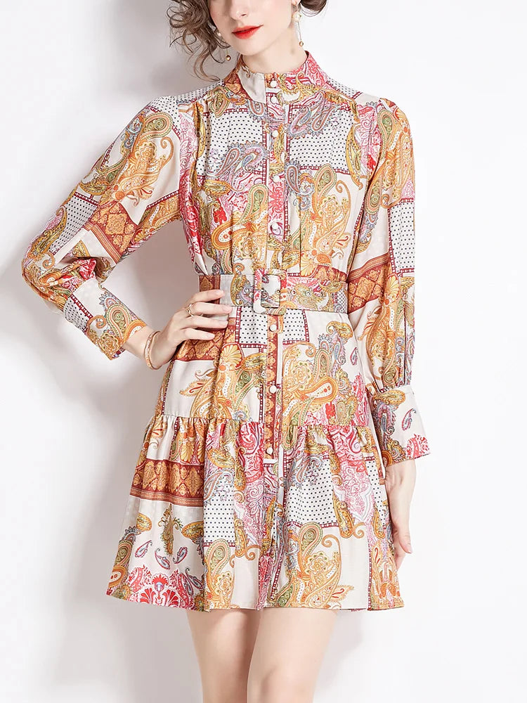 New In Dresses 2024 Spring Vintage Paisley Print Vacation Bohemian Dress Women Stand Collar Long Sleeve Mini Dress With Belt