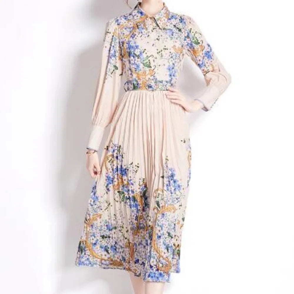 Vintage Print Elegant Lantern Long Sleeve Lapel A-line Dress Casual Women  Fashion Autumn Spring Dress