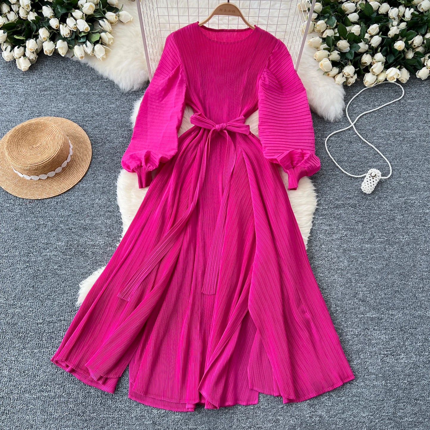 Vintage  Elegant Lantern Sleeve Sweet Pleated Dress Women Basics Fashion Summer Spring Dresse