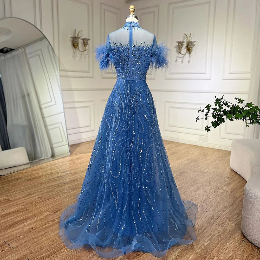 Serene Hill 2024 Arabic blue A Line Short Sleeveless Luxury Evening Dresses Beaded Feathers For Women Wedding Party LA72351