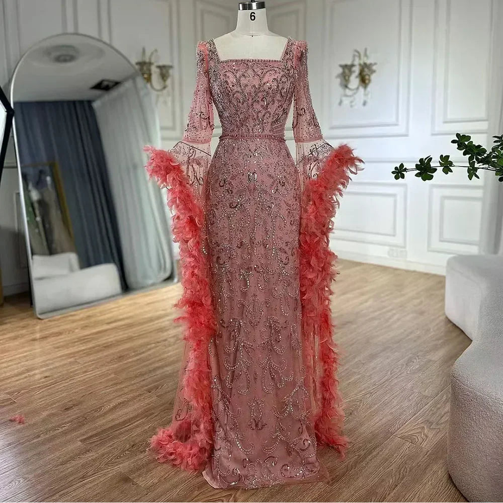 Serene Hill Flared Sleeves Mermaid Peach Beaded Feather Luxury Evening Dresses Gowns For Women's Party 2024 LA72767