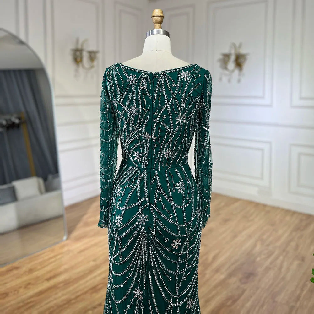Serene Hill Luxury Dubai Green Mermaid Elegant Crystal Beaded Arabic Evening Dresses Gowns For Women Wedding Party 2023 BLA72242