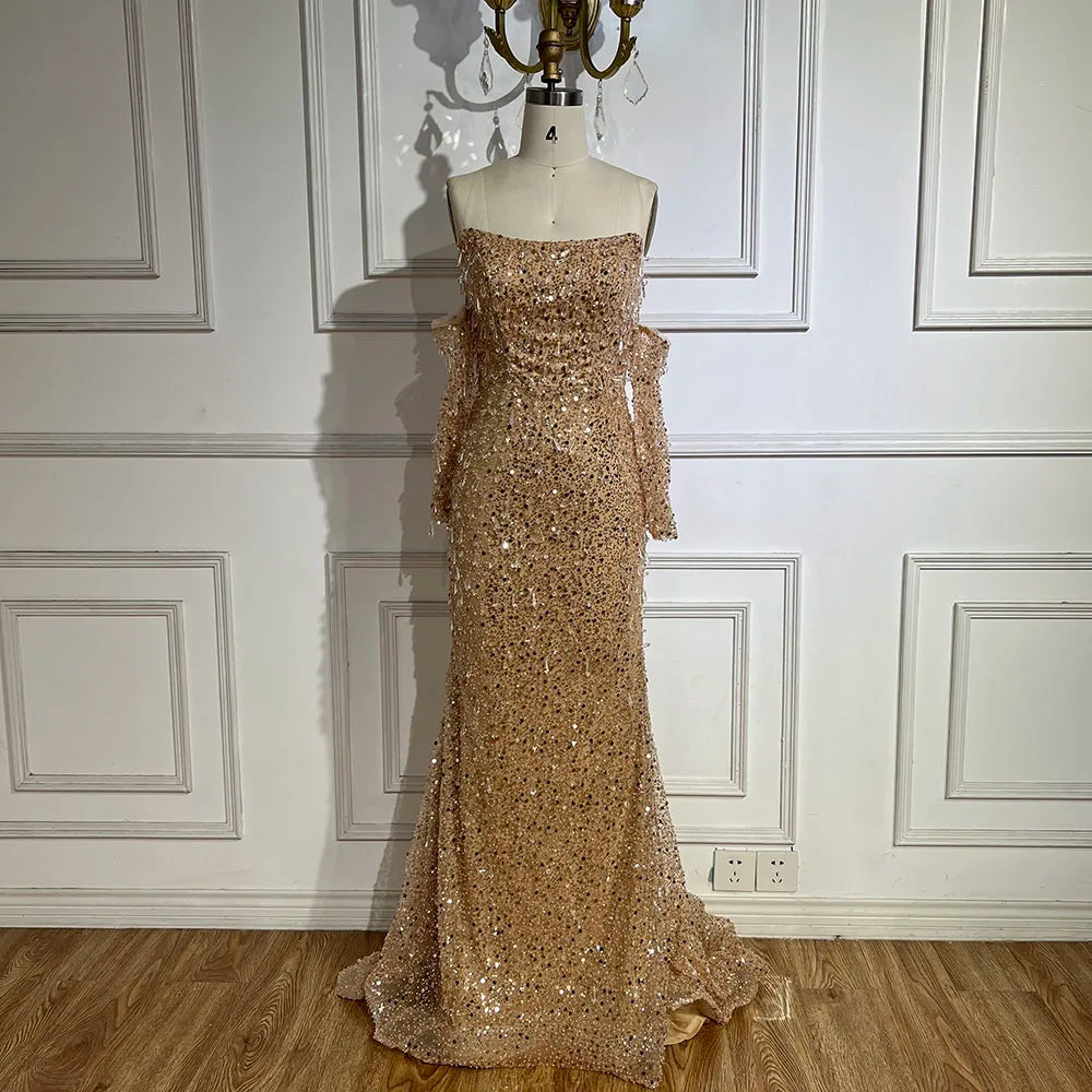 Serene Hill Arabia Orange Mermaid Strapless Luxury Beaded Crystal Evening Dresses Gowns for Women Wedding Party 2024 LA72402
