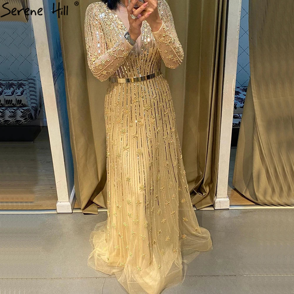 Serene Hill Muslim Gold A-Line Luxury Evening Dresses Gowns 2022 Sparkle Beaded Long Sleeves Sexy For Women Party GLA70674