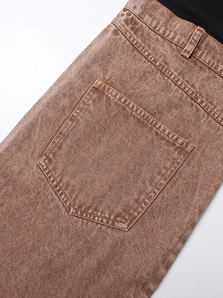 ROMISS Patchwork Belt Denim Pants For Women High Waist Slimming Hit Color Streetwear Wide Leg Jeans Female Fashion Clothes