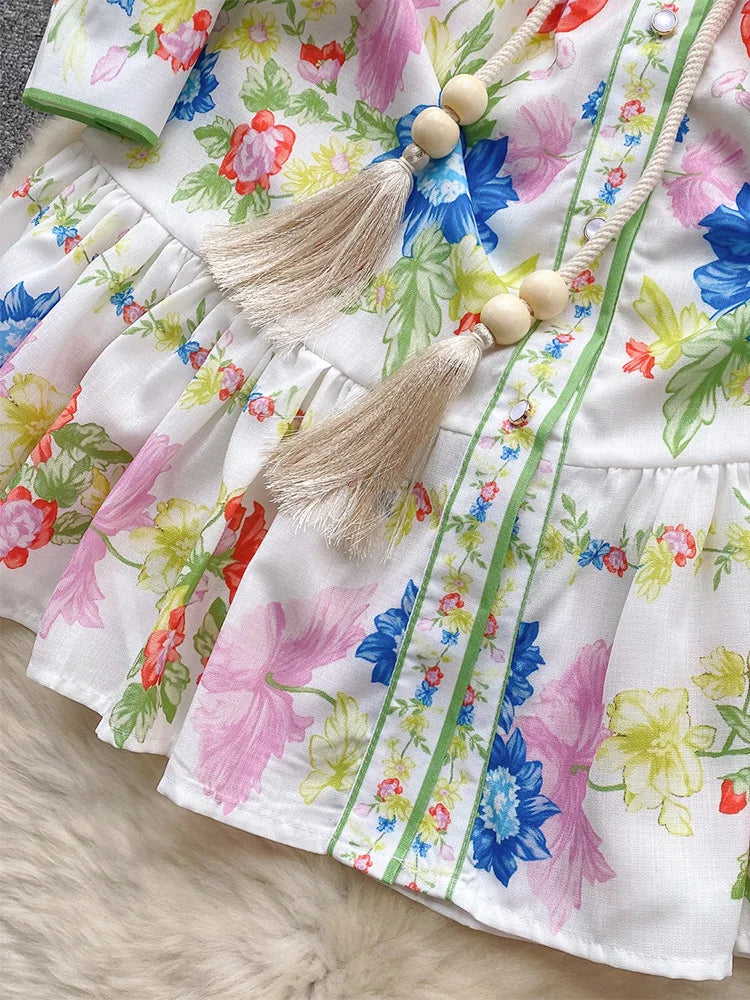 Clothes For Women Dresses 2024 Spring Ruffle Hem Vintage Floral Print Dress Stand Neck Long Sleeve Holiday Mini Dress With Belt