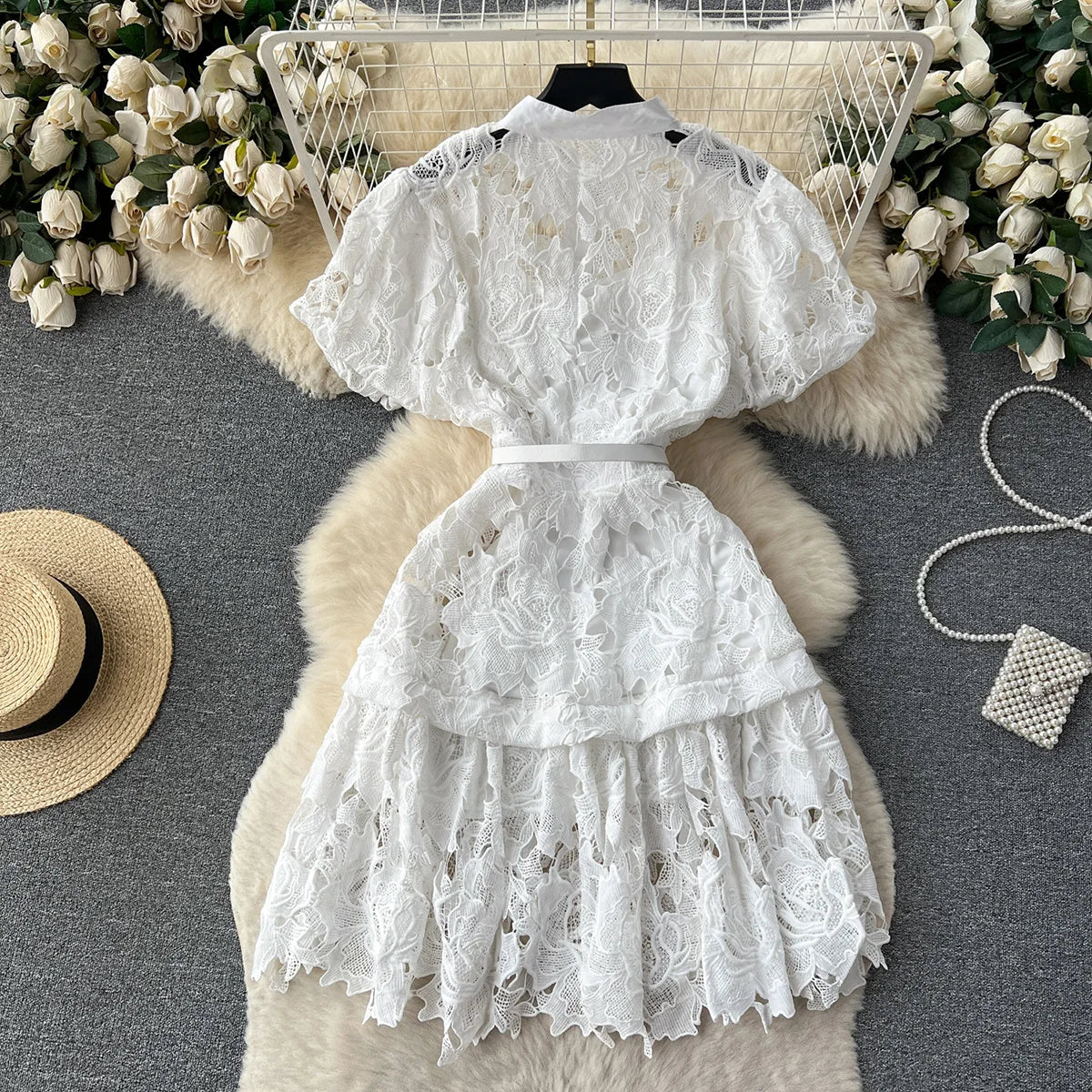 Summer Dresses For Women 2023 Luxury Party Elegant Openwork Embroidery Lace Dress Short Puff Sleeve White Mini Dress With Belt