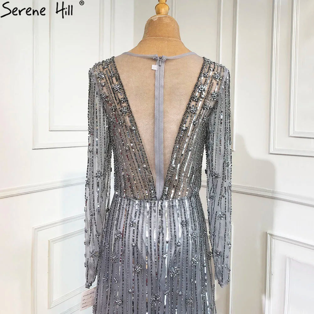 Serene Hill Muslim Gold A-Line Luxury Evening Dresses Gowns 2022 Sparkle Beaded Long Sleeves Sexy For Women Party GLA70674