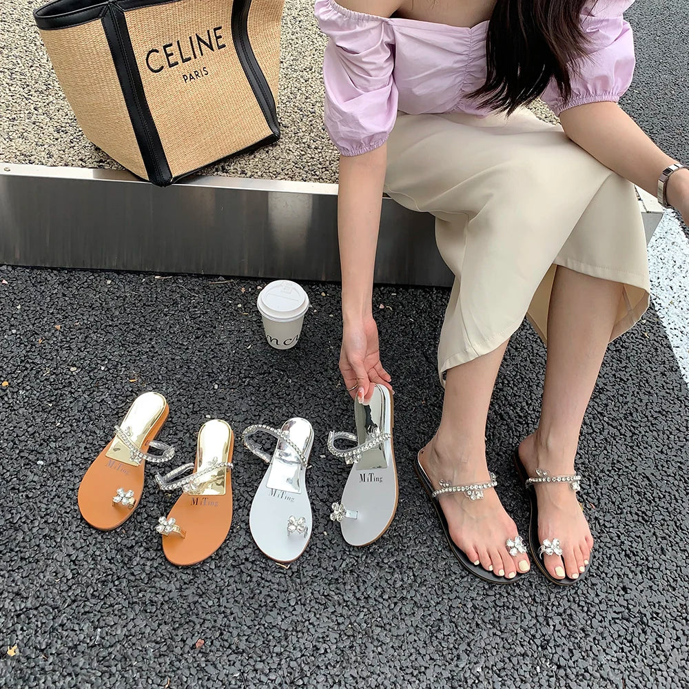 Clip Toe Women Sandals Slippers Black Brown Silver Summer Outside Mules Shoes Rhinestone Chain Low Heels Party Pumps Size 35-39