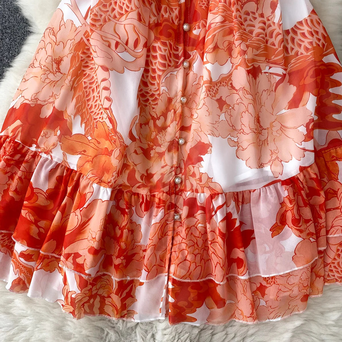 Short Dresses Women Cap Sleeve Vintage Print Chiffon Dress Faux Pearl Buttoned V Neck Ruffle Hem Wedding Elegant Party Dress