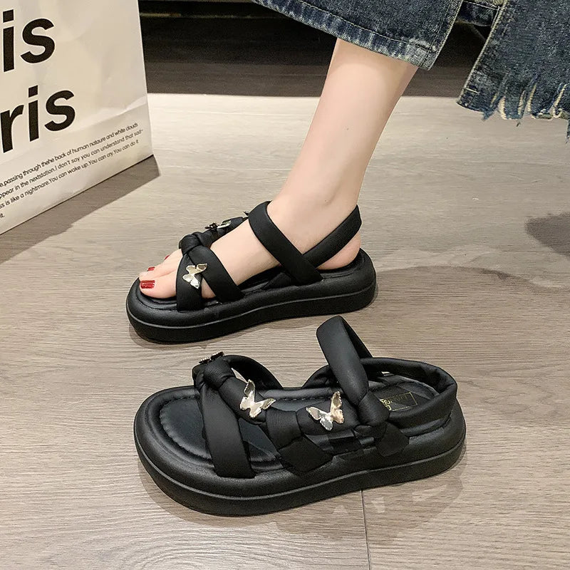 2024 Summer Low Sandals Woman Leather Bow Shoes Clear Heels Soft Low-heeled Comfort Clogs New Girls Fashion Slipper Rome Casual