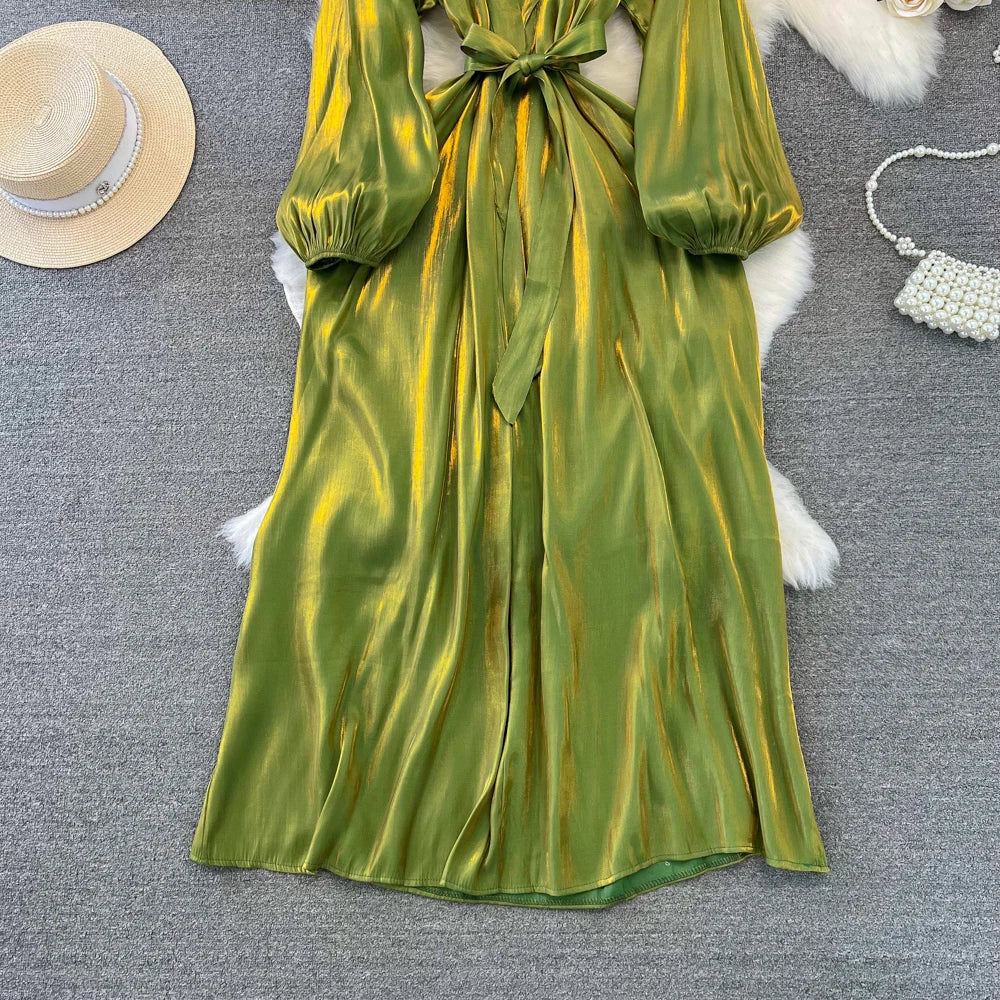Autumn Elegant Women Fashion Party Long Dress Bow Lace Up Long Sleeve Evening Dresses A-Line Casual Vestidos One Piece Prom Robe