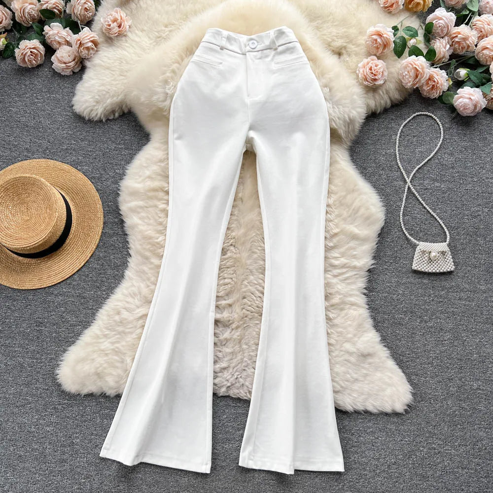 Spring Autumn Retro Flare Pants Women Casual High Waist Draping Slim Wide Leg Bottom Long Pants Korean White Black Trousers