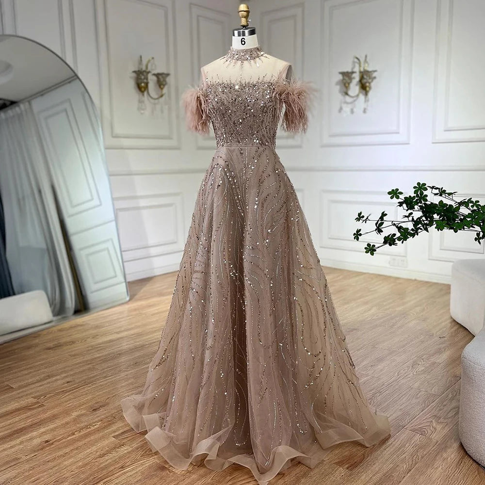 Serene Hill 2024 Arabic blue A Line Short Sleeveless Luxury Evening Dresses Beaded Feathers For Women Wedding Party LA72351