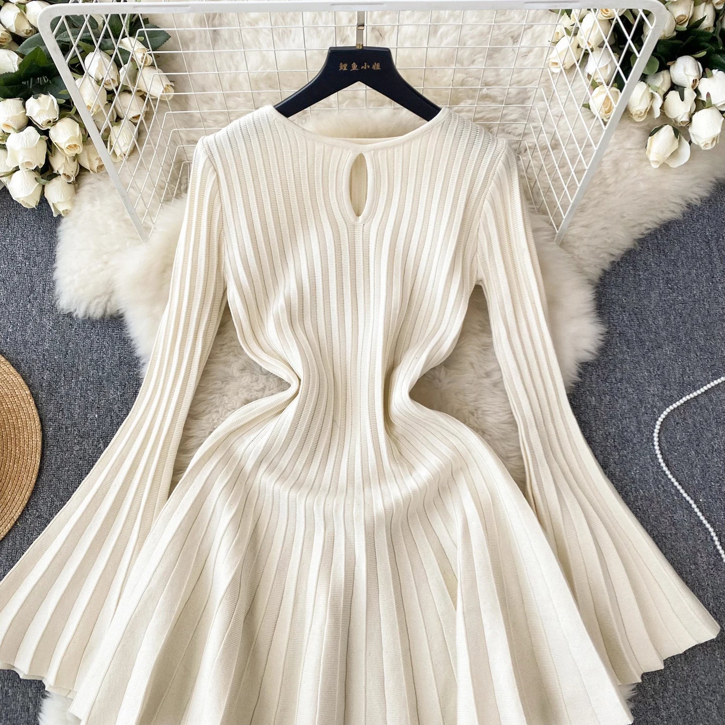 Women Chic Elegant O Neck Long Sleeve Dress French Sexy Fashion Knit Elastic Slim A-line Mini Dress