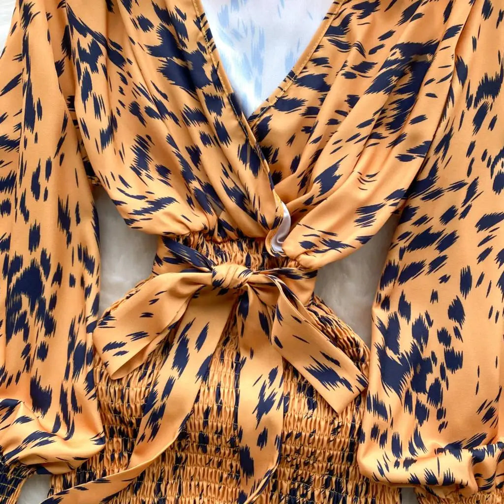 Women Casual Vintage Print Ruffle Long Dress Autumn Elegant V Neck Lantern Sleeve Party Mermaid Dresses Holiday Female Mujer New