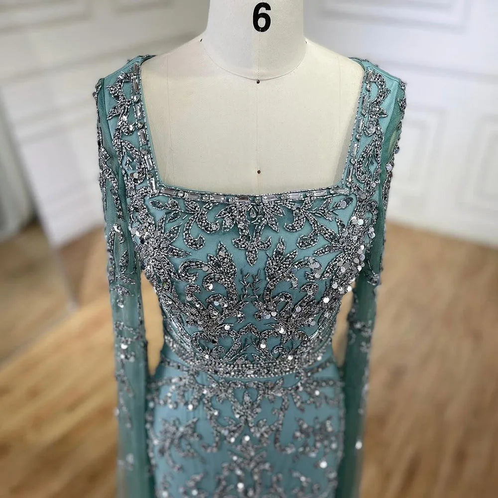 Serene Hill 2024 turquoise with Beaded Cape Sleeves Design Mermaid Long Evening Dresses Gowns for Women's Wedding Party BLA72400