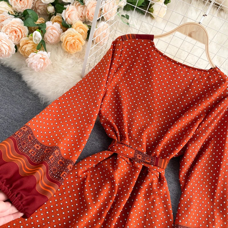 Vintage Print Elegant Puff Sleeve One Piece Dress A-line Lace-up Beach Vacation Midi Dress Women Fashion Spring Autumn Vestidos