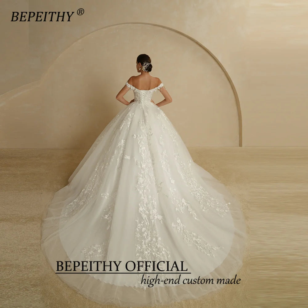 BEPEITHY Sexy Off Shoulder Sleeveless Flore Princess Wedding Gown 2022 For Women Cheap Online Ivory V Neck Lace Bridal Dresses