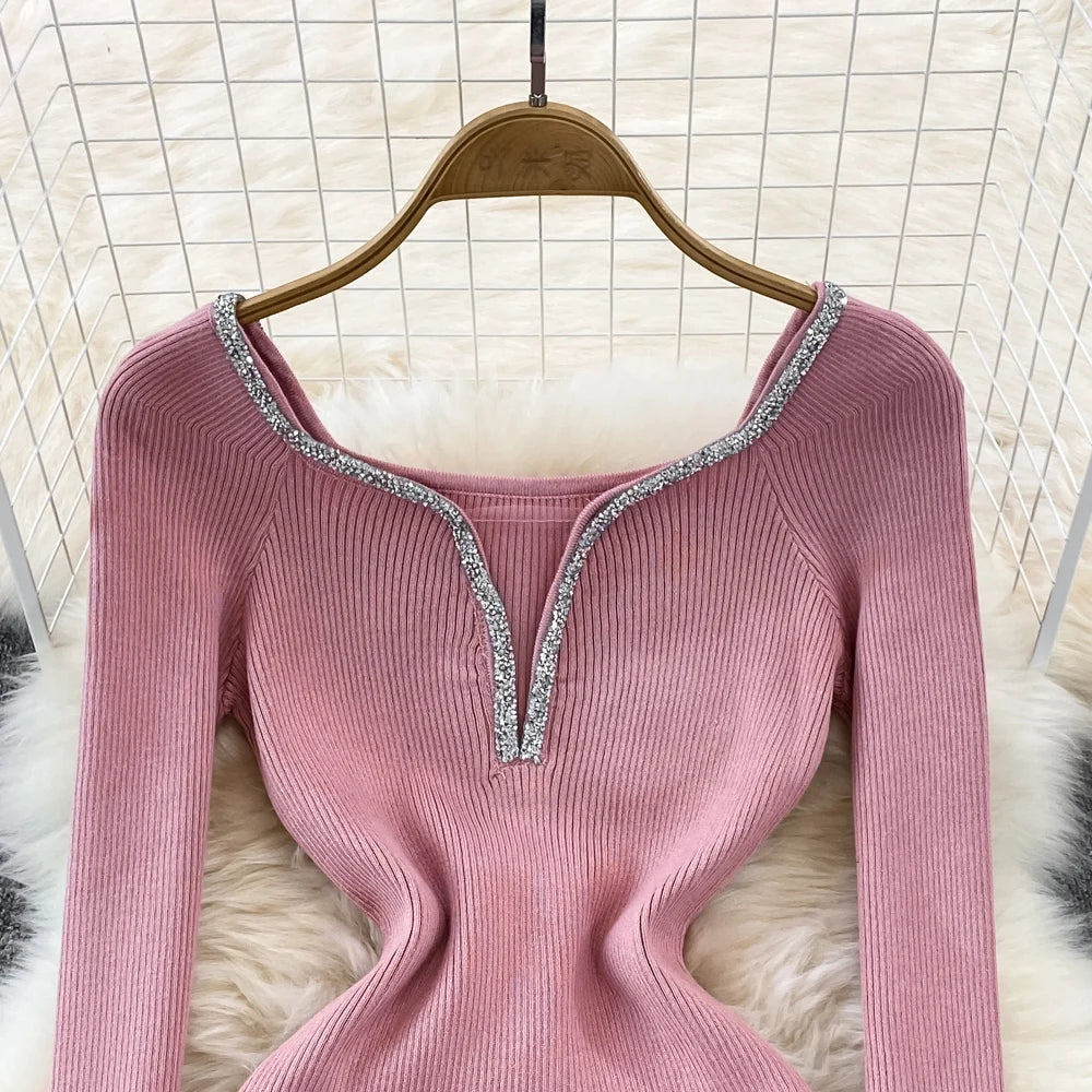 Chic Elegant Glitter V Neck Long Sleeve Elastic Bodycon Dress Sexy Fashion Knit Pencil Vestidos Slim Autumn Winter party robe