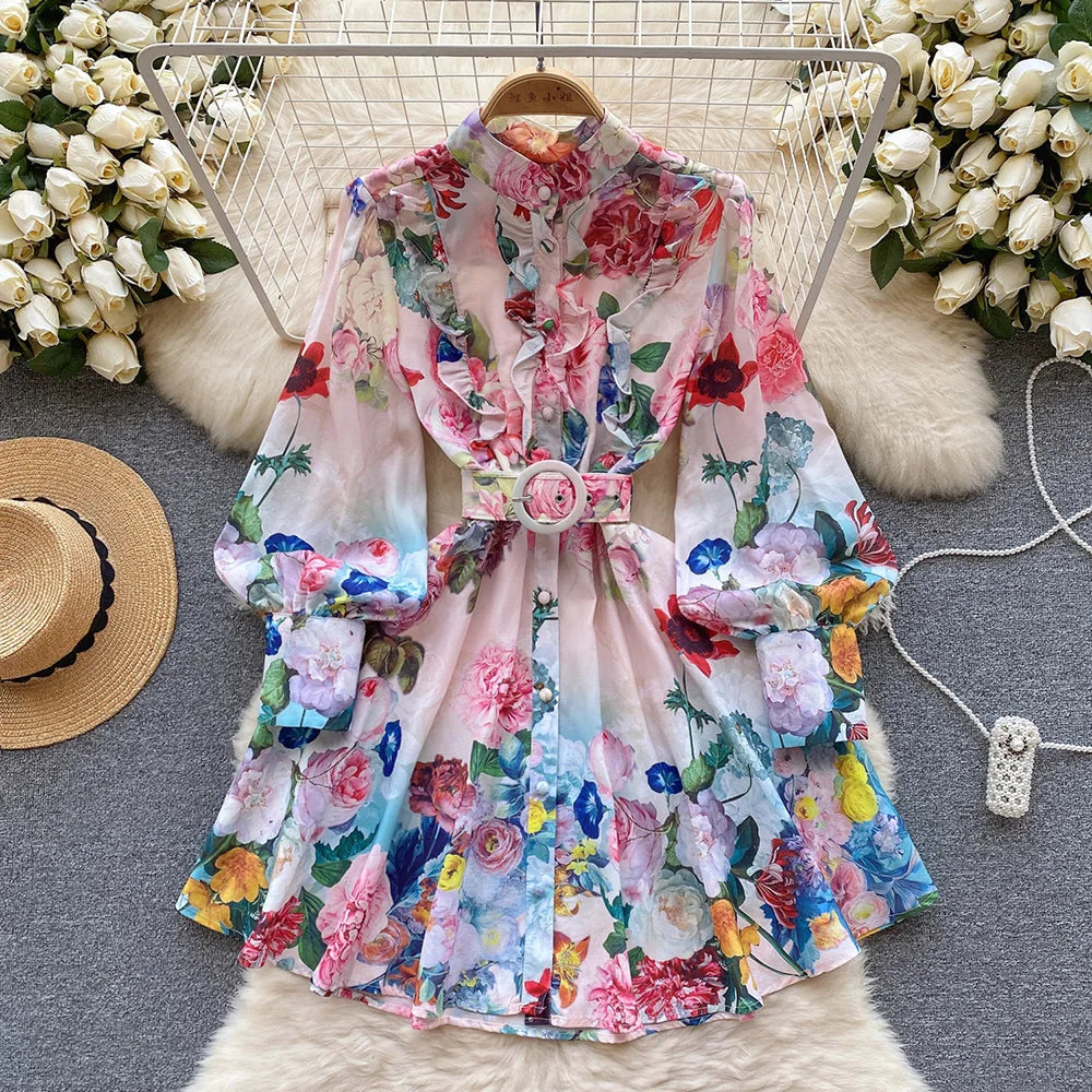 Mini Dresses For Women Frill Trim Long Sleeve Spring Vacation Dress Stand Collar Elegant Vintage Floral Print Dress With Belt