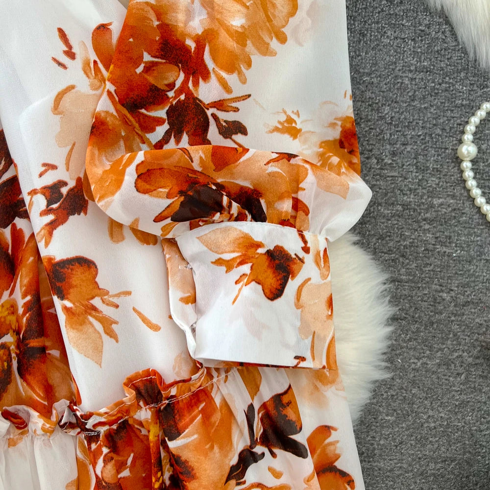 Elegant Casual Women Fashion Floral Print Long Dress Vintage Pleated A-Line Maxi Boho Beach Party Robe Female Clothes Mujers