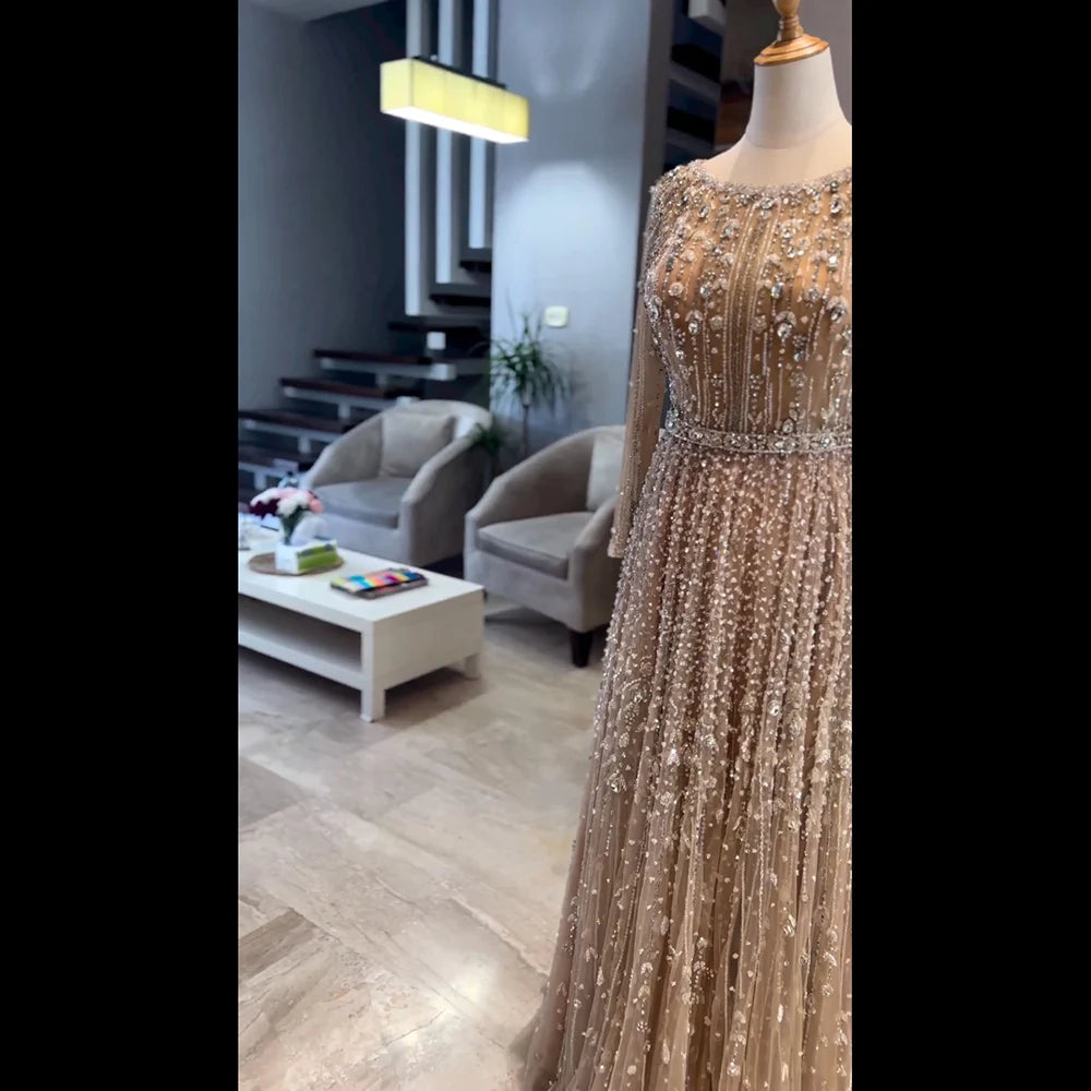 Serene Hill Dubai Arabic Designer Luxury Nude A Line Beaded Evening Dresses Gowns For Formal Occasion 2024 LA72088