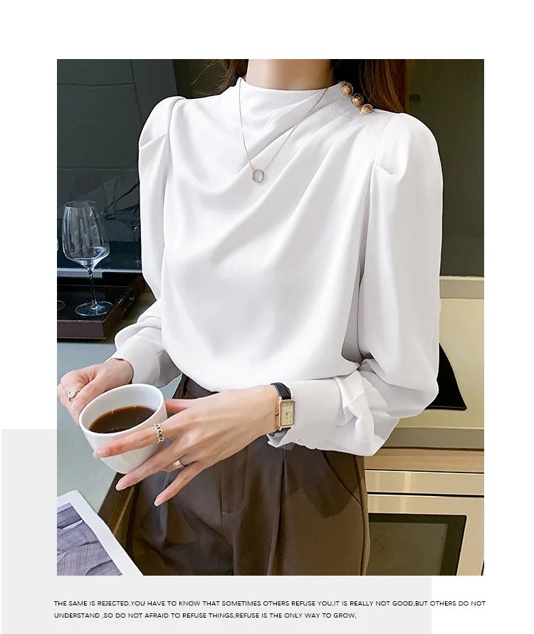 Autumn New Women's Style Stand up Collar Pleated Long Sleeve Top Fashion Lantern Sleeve Loose Elegant Solid Color Shirt Blouse