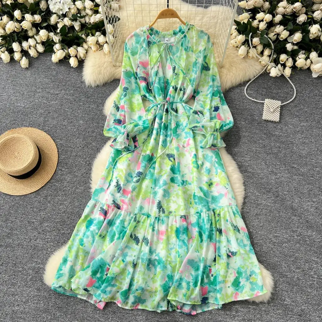 Elegant Floral Print Party Dress for Women French O-Neck Embroidered Flares Lace Up Lantern Long Sleeves Chiffon Long Dresses