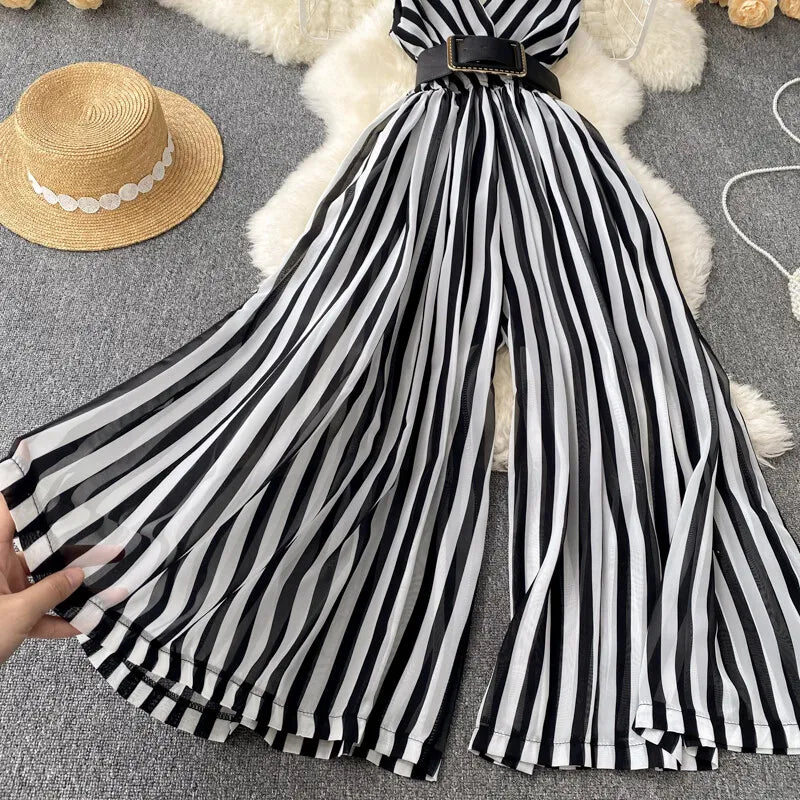 Women Chiffon Striped Jumpsuits Summer Sexy V-neck Sleeveless Elegant Wide-leg Long Pants Playsuits Ladies Dot Romper Overall