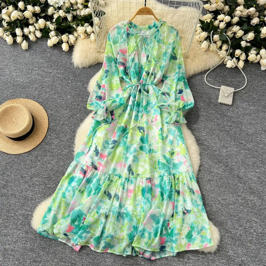 Elegant Floral Print Party Dress for Women French O-Neck Embroidered Flares Lace Up Lantern Long Sleeves Chiffon Long Dresses