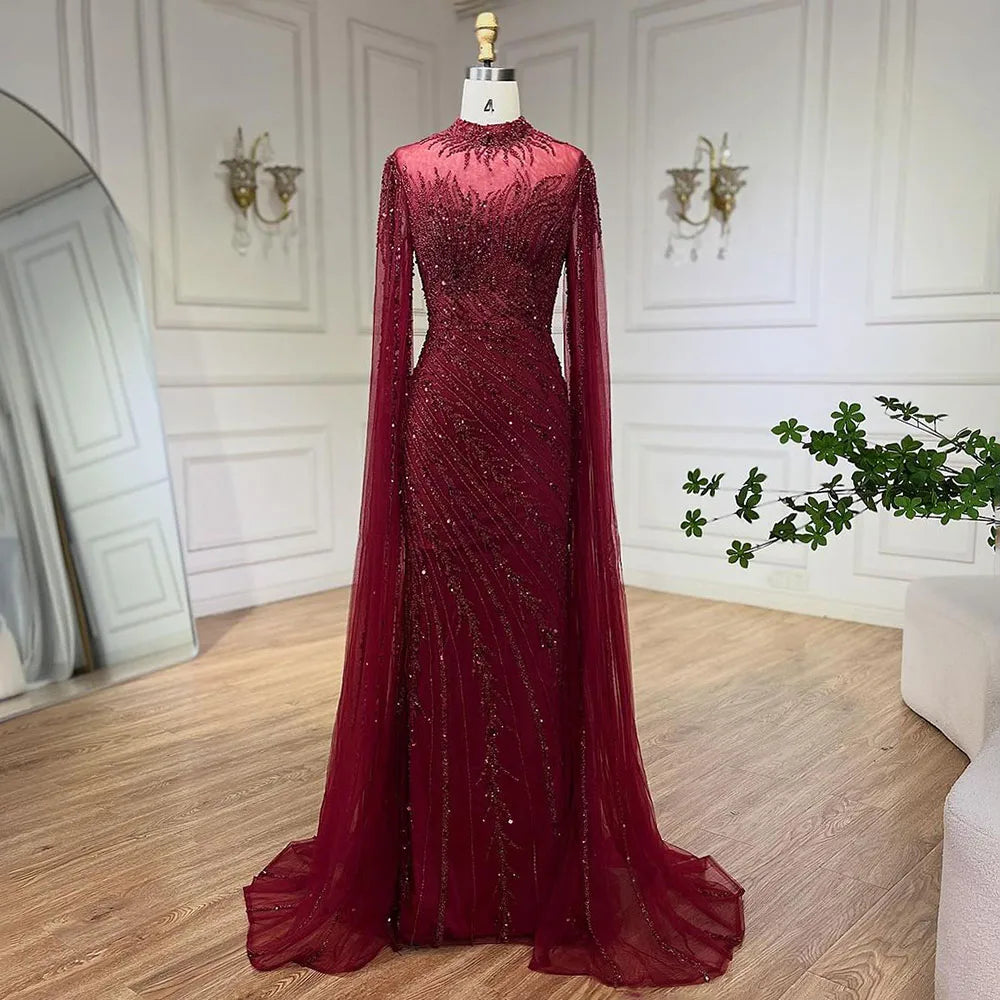 Serene Hill 2024 Nude Cape Sleeves Mermaid Lace Beaded Luxury Dubai Long Evening Dresses Gowns for Women Wedding Party BLA71885A