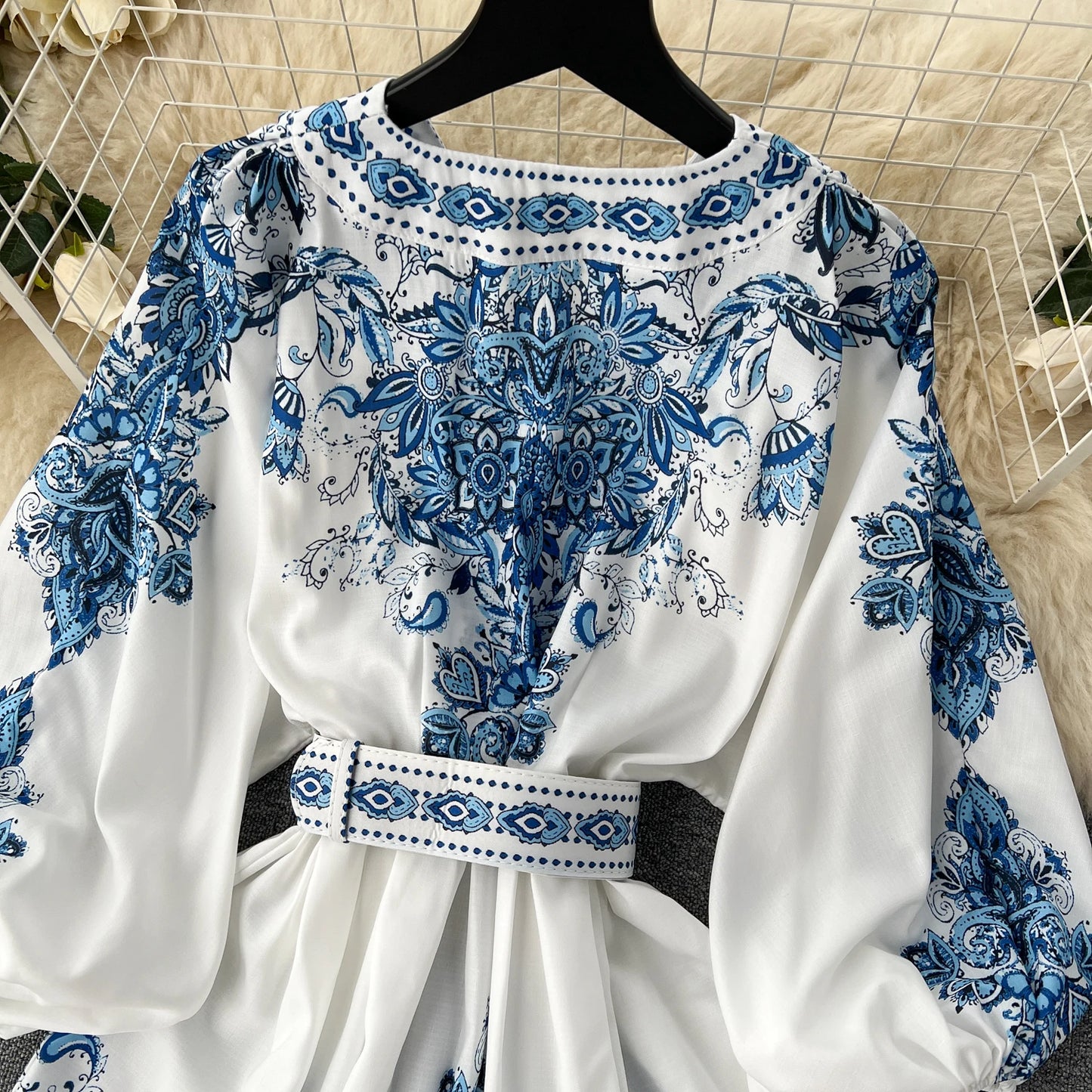 Vintage Print Elegant V-eck Single Breasted Lantern Long Sleeve Dress A-line Casual Women Fashion Summer Spring Vestidos