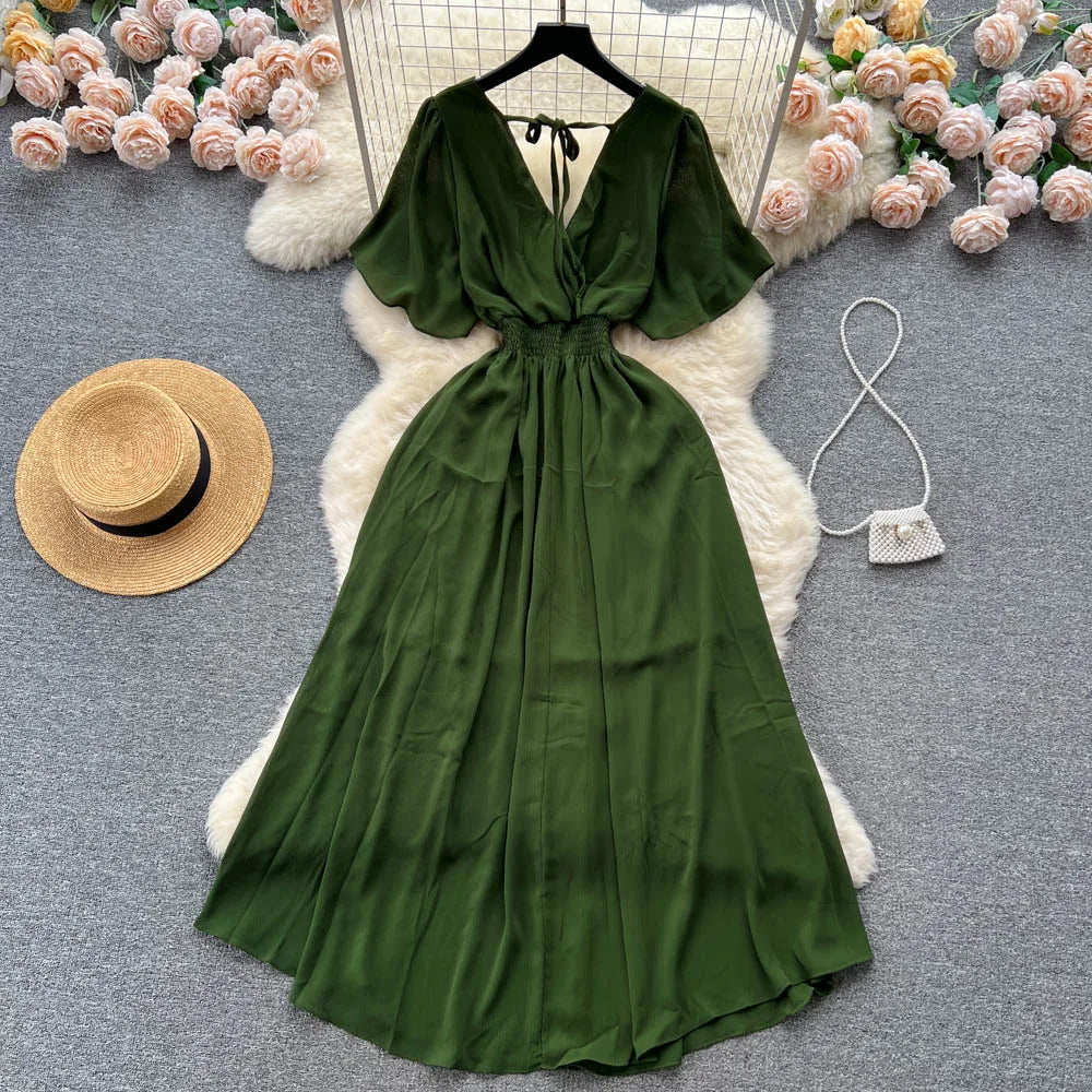 Vintage Elegant V-neck chiffon Dress A-line Fashion Beach Spring Summer Vestidos Women Bandage Sweet dresses