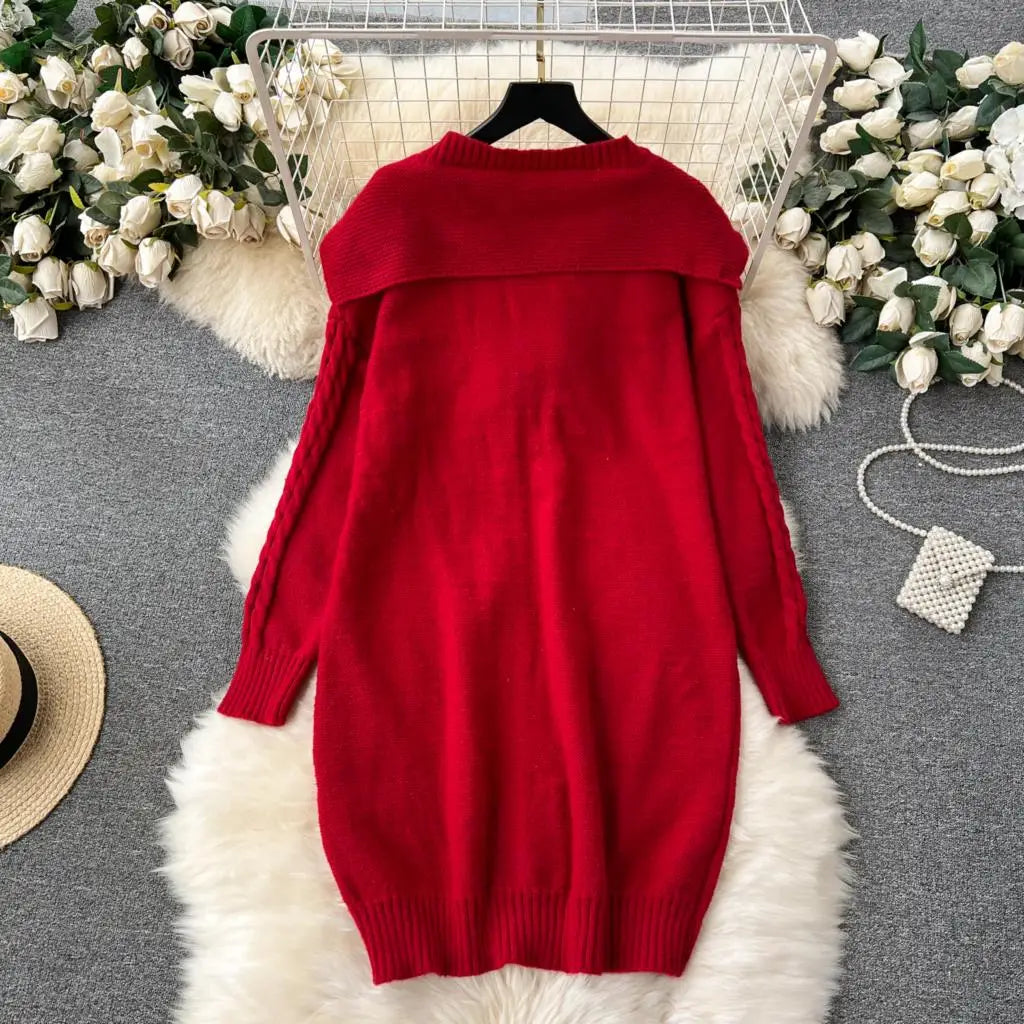 Y2k Sweet Knitted Dresses for Women Autumn Winter Christmas Sweater Loose Knitwears Mini Dress Korean Fashion Female Vestidos
