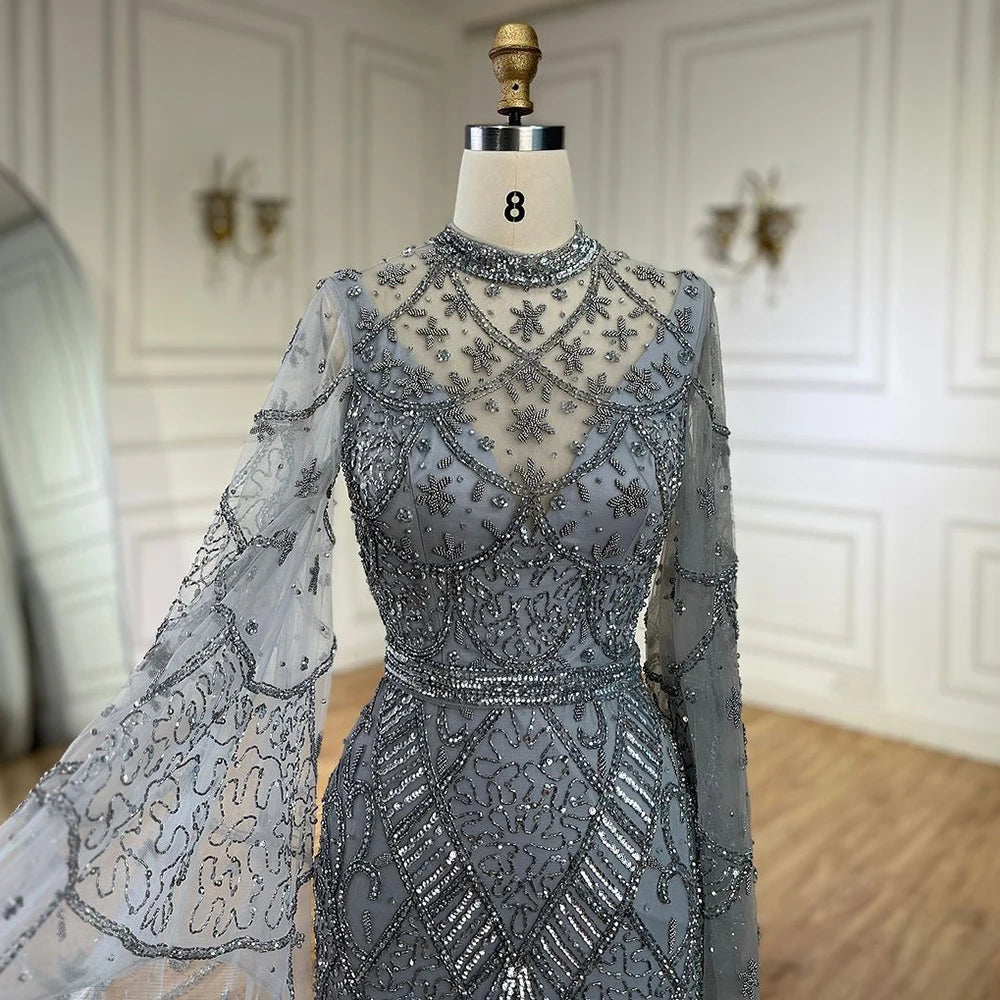 Serene Hill 2024 Muslim Nude Mermaid Elegant Bell Sleeve Beaded Luxury Dubai Long Evening Dress for Formal Occasion LA72316A