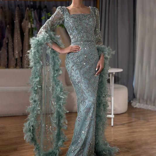Serene Hill Flared Sleeves Mermaid Peach Beaded Feather Luxury Evening Dresses Gowns For Women's Party 2024 LA72767