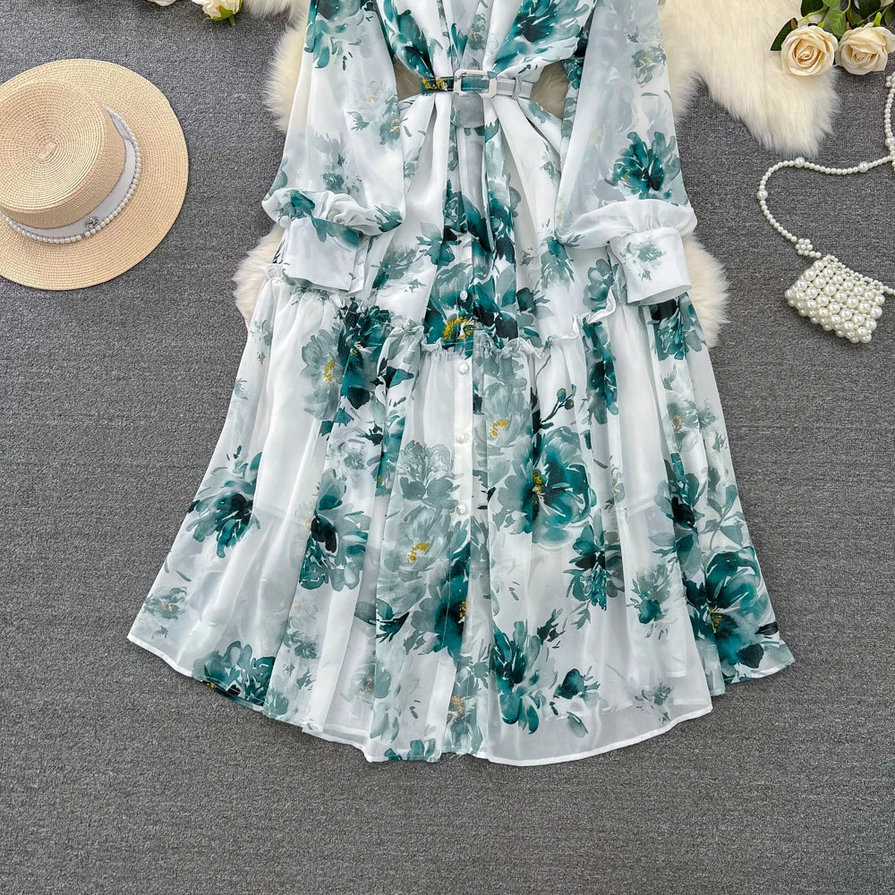 Elegant Casual Women Fashion Floral Print Long Dress Vintage Pleated A-Line Maxi Boho Beach Party Robe Female Clothes Mujers