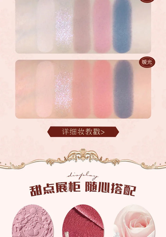 Flower Knows Strawberry Rococo Pressed Glitter Eyeshadow 5 Color Palette with Creamy Texture for Natural Makeup Eye Shadows