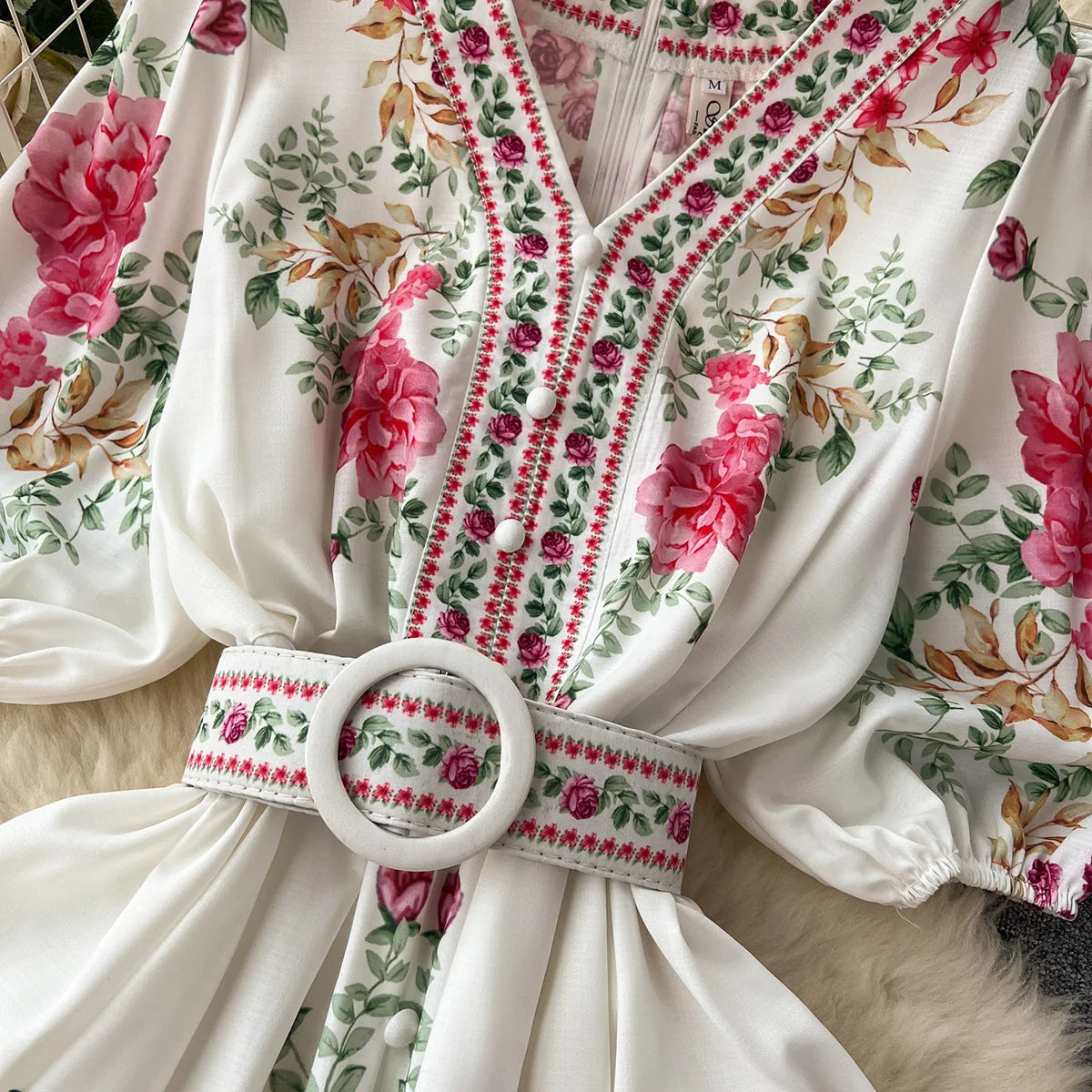 Summer Dress Women 2023 Fashion Clothing V Neck Vintage Floral Print Mini Dress Short Puff Sleeve Belted Elegant Party Dresses