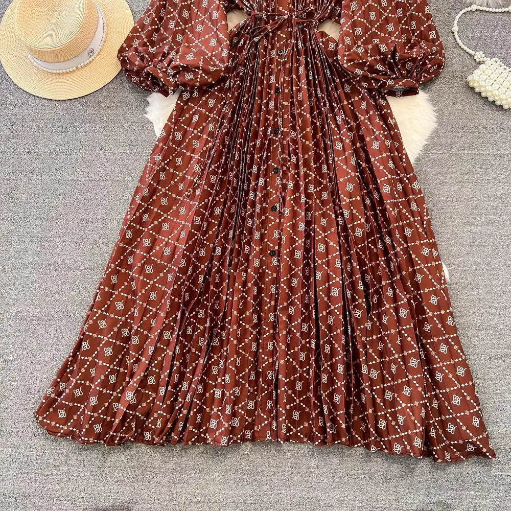Elegant Women Casual Floral Print Party Dress Vintage Lantern Sleeve A-Line Pleated Prom Birthday Clothes Female Fashion Robe