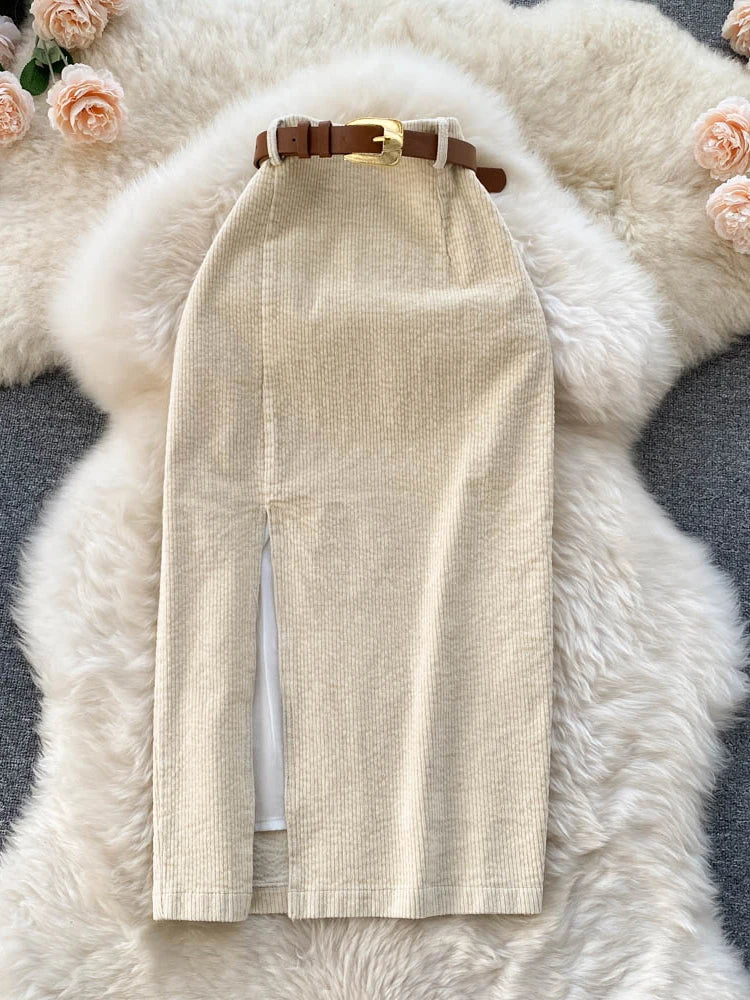 XFPV Women Korean Split Mid-calf Length High Waist Slim Package Hip A-line Skirt 2023 Fashion New Tide Spring Summer SM5066