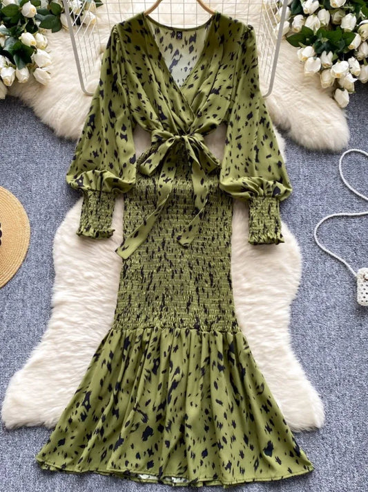 Women Casual Vintage Print Ruffle Long Dress Autumn Elegant V Neck Lantern Sleeve Party Mermaid Dresses Holiday Female Mujer New