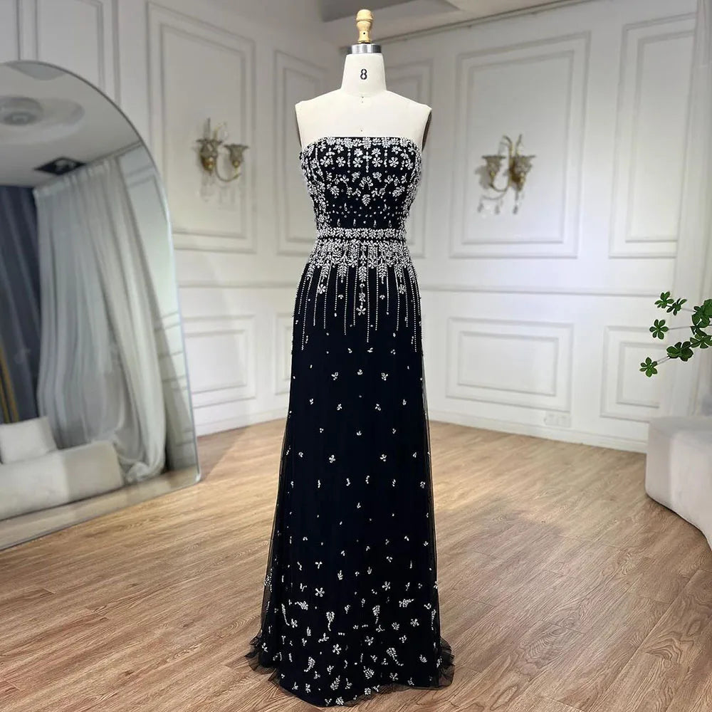 Serene Hill Black Sexy Off the Shoulder Puff Sleeves Evening Dresses Beaded Overskirt Mermaid Party Gown For Women 2023 BLA72002