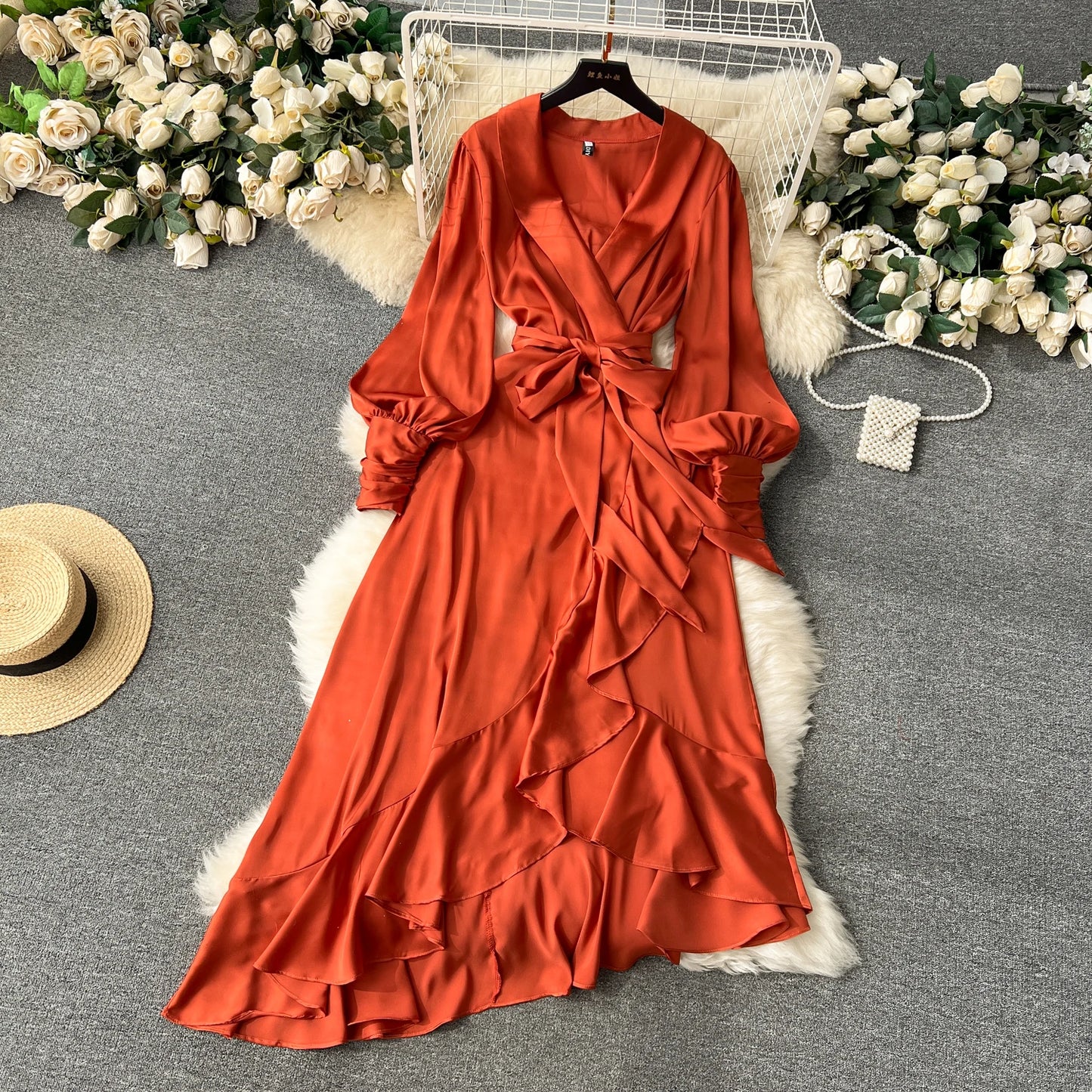 Women Elegant Satin Dress Summer Bandage High Waisted Ruffled Irregular Blazer Dresses Ladies A-line Vintage Party Long Robe
