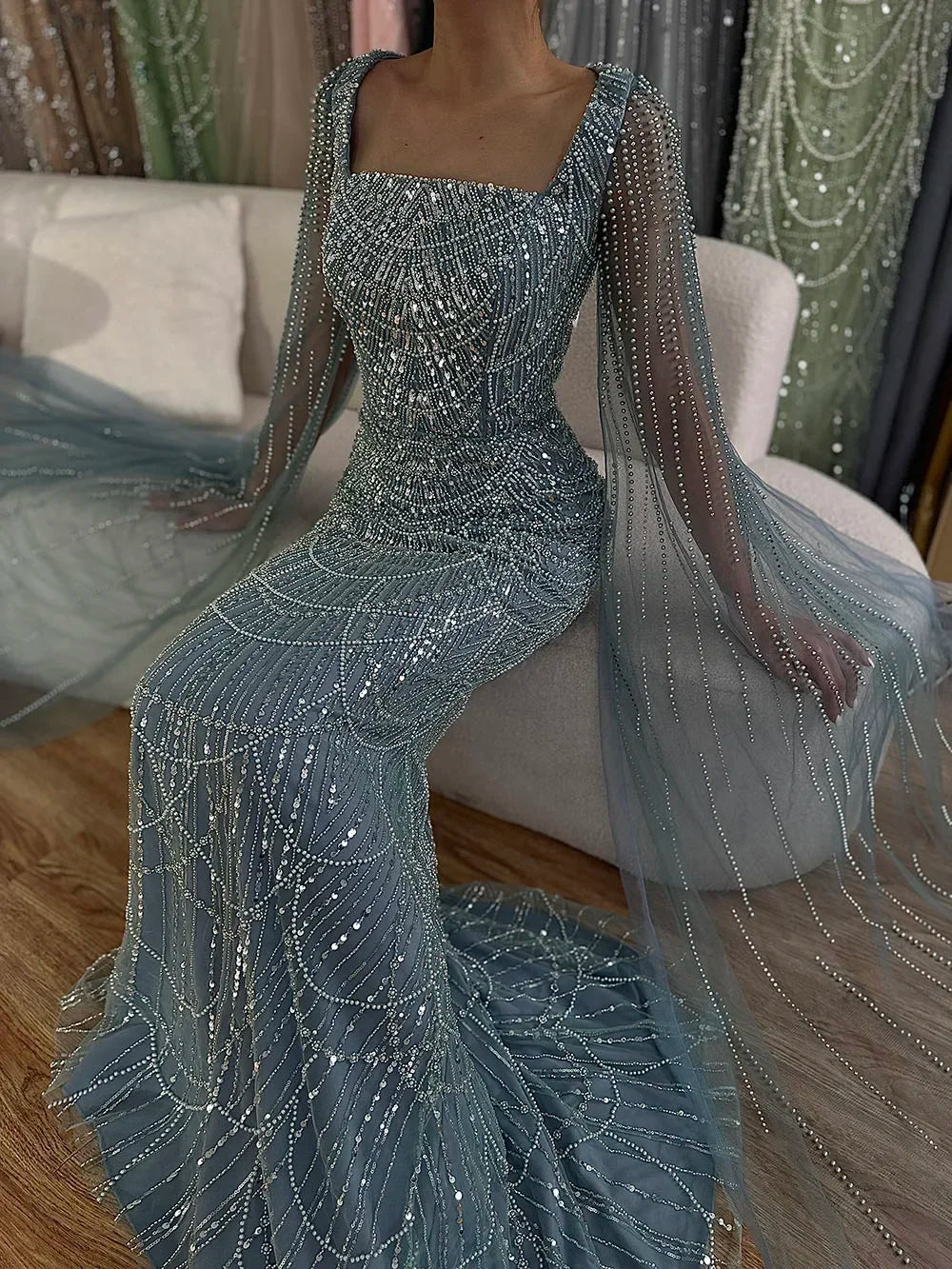 Serene Hill 2024 Saudi Arabic Turquoise Mermaid Evening Dress With Beaded Cape Sleeves For Formal Occasion BLA72590A