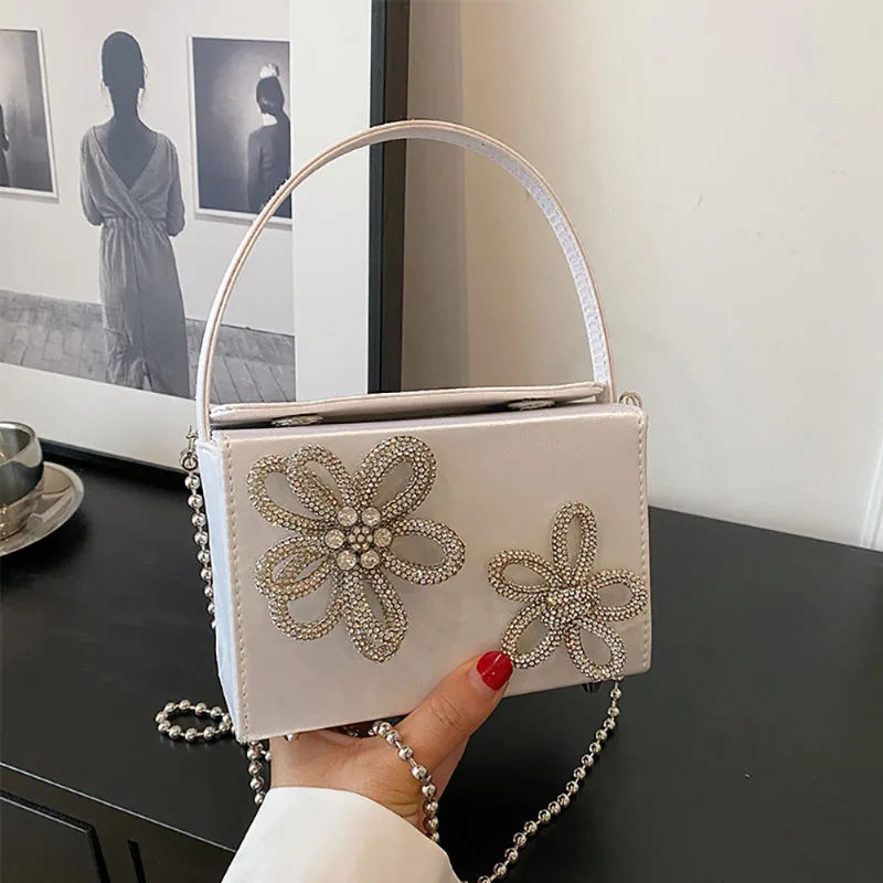 Light Luxury High-Grade Women Chain Crossbody Bag Korean Design Sense Diamond Flower New Pop Handbag Fashion Box Mini Square Bag