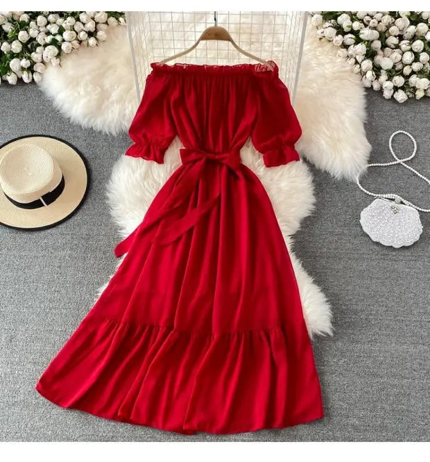 Beach Dress Women Sexy Off The Shoulder Slash Beach Chiffon Dresses Ladies Elegant A Line Bandage Party Dress Long Robe