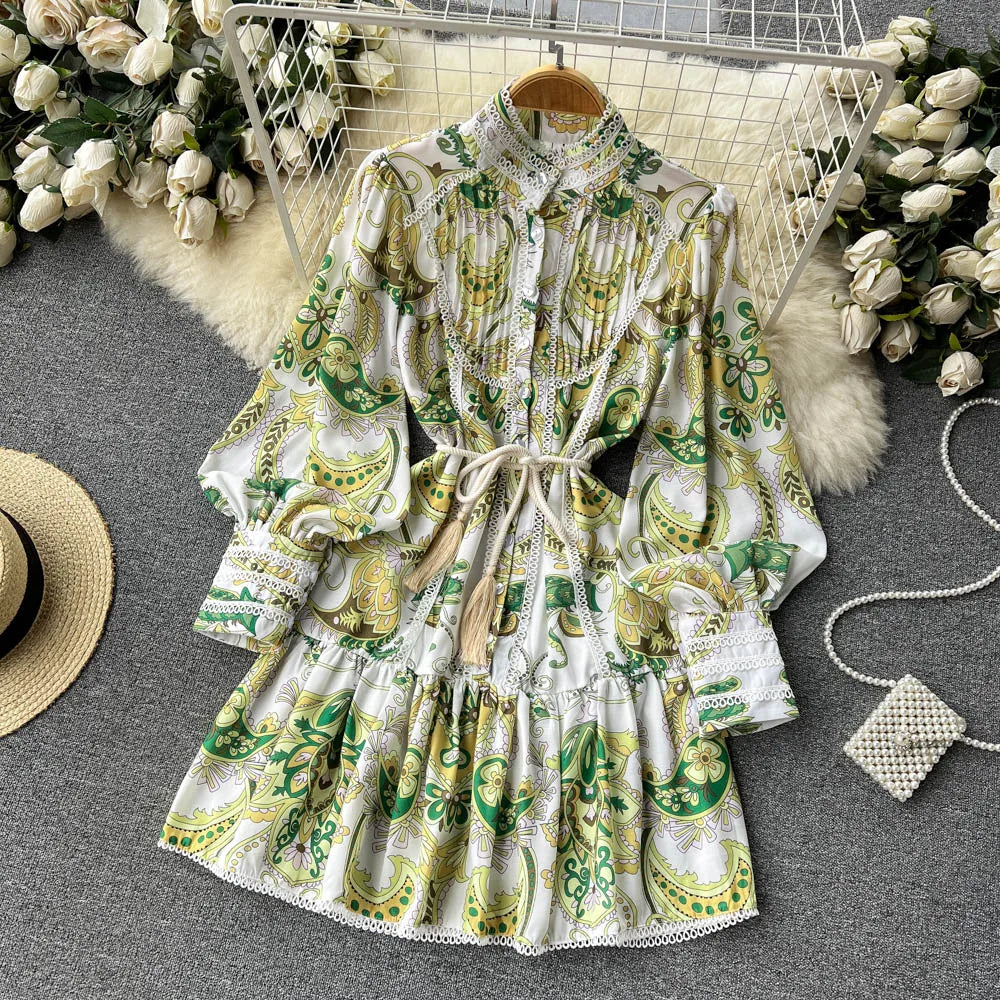New In Dresses Lace Trim Elegant Vintage Floral Print Dress Women Stand Collar Long Sleeve Buttoned Holiday Mini Dress With Belt