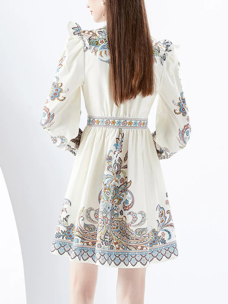 Elegant Dresses For Women 2024 V Neck Vintage Paisley Print Mini Holiday Dress Spring Ruffle Trim Long Sleeve Bohemian Dress